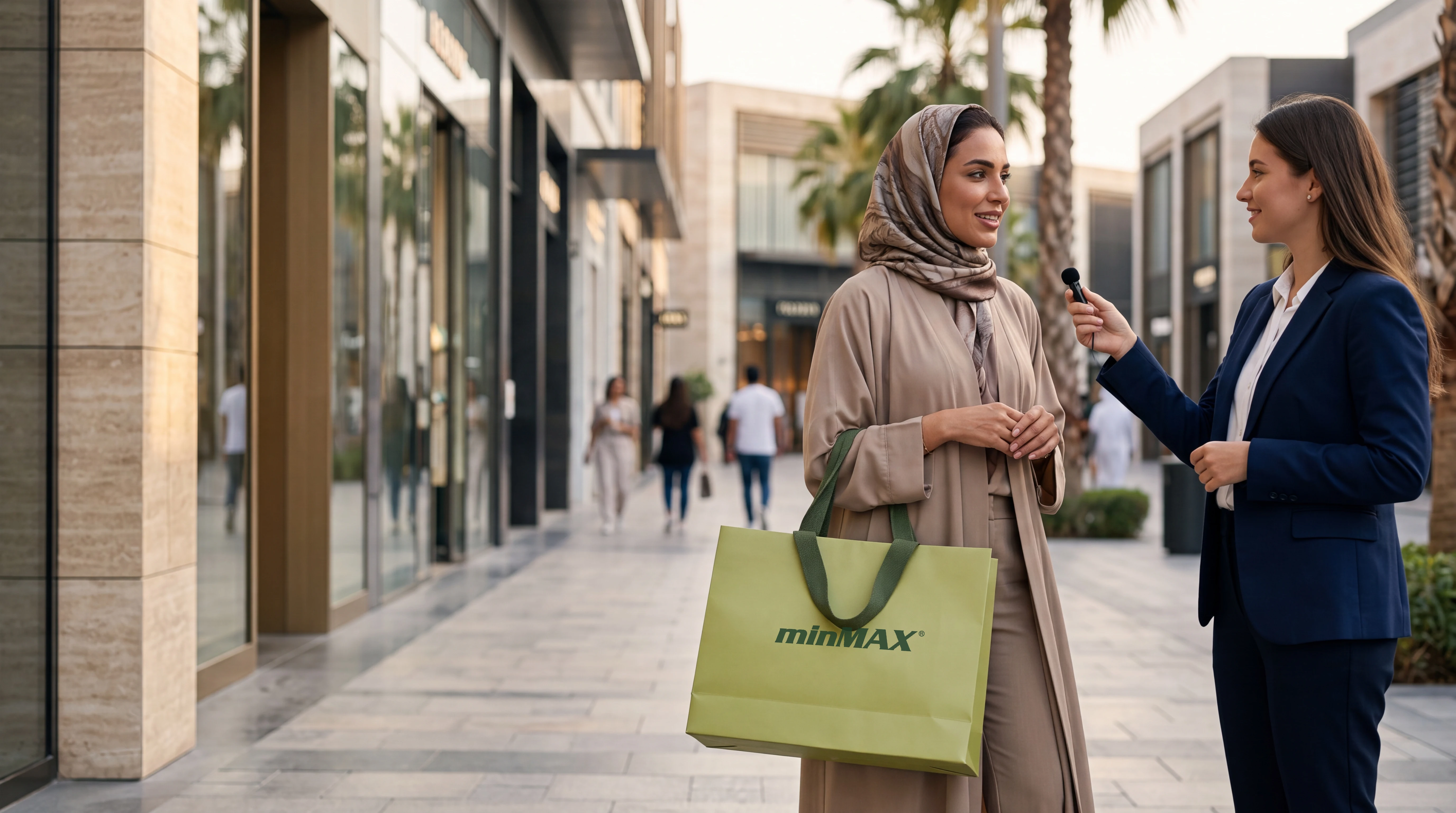 A Middle Eastern customer carrying an official minMAX shopping bag during a street interview