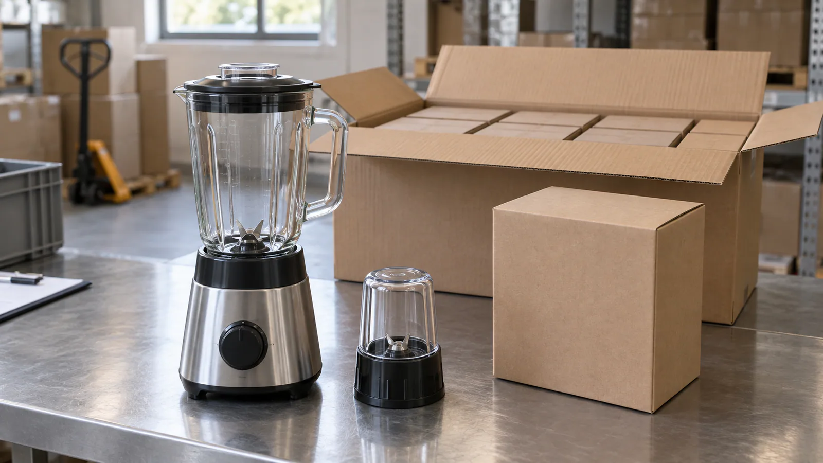 A blender and grinder attachment beside retail and shipping boxes