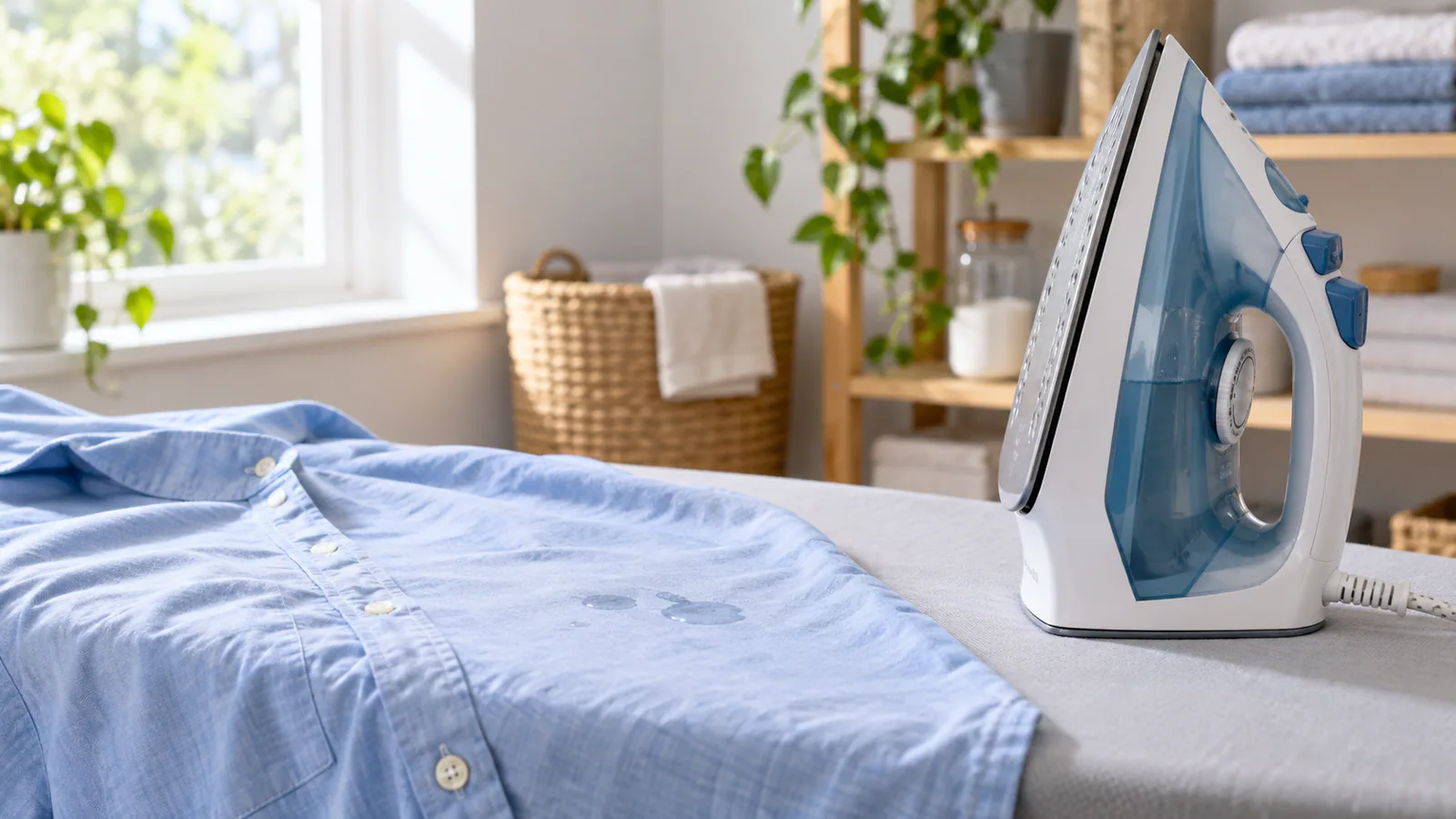 An upright steam iron beside small damp patches on a cotton shirt