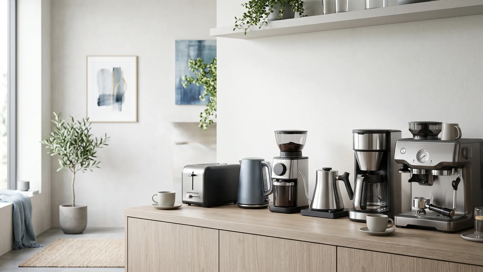 Entry-level espresso machines displayed with espresso, cappuccino and latte in a retail showroom