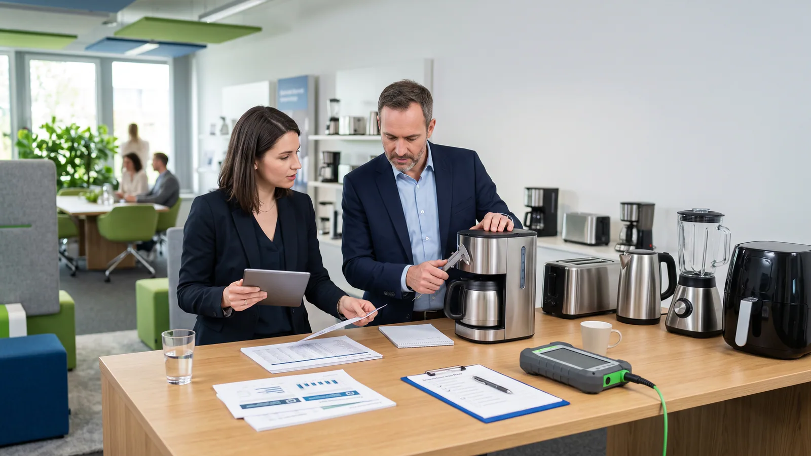 Small-appliance buyers comparing coffee machines and supplier quotations in a showroom