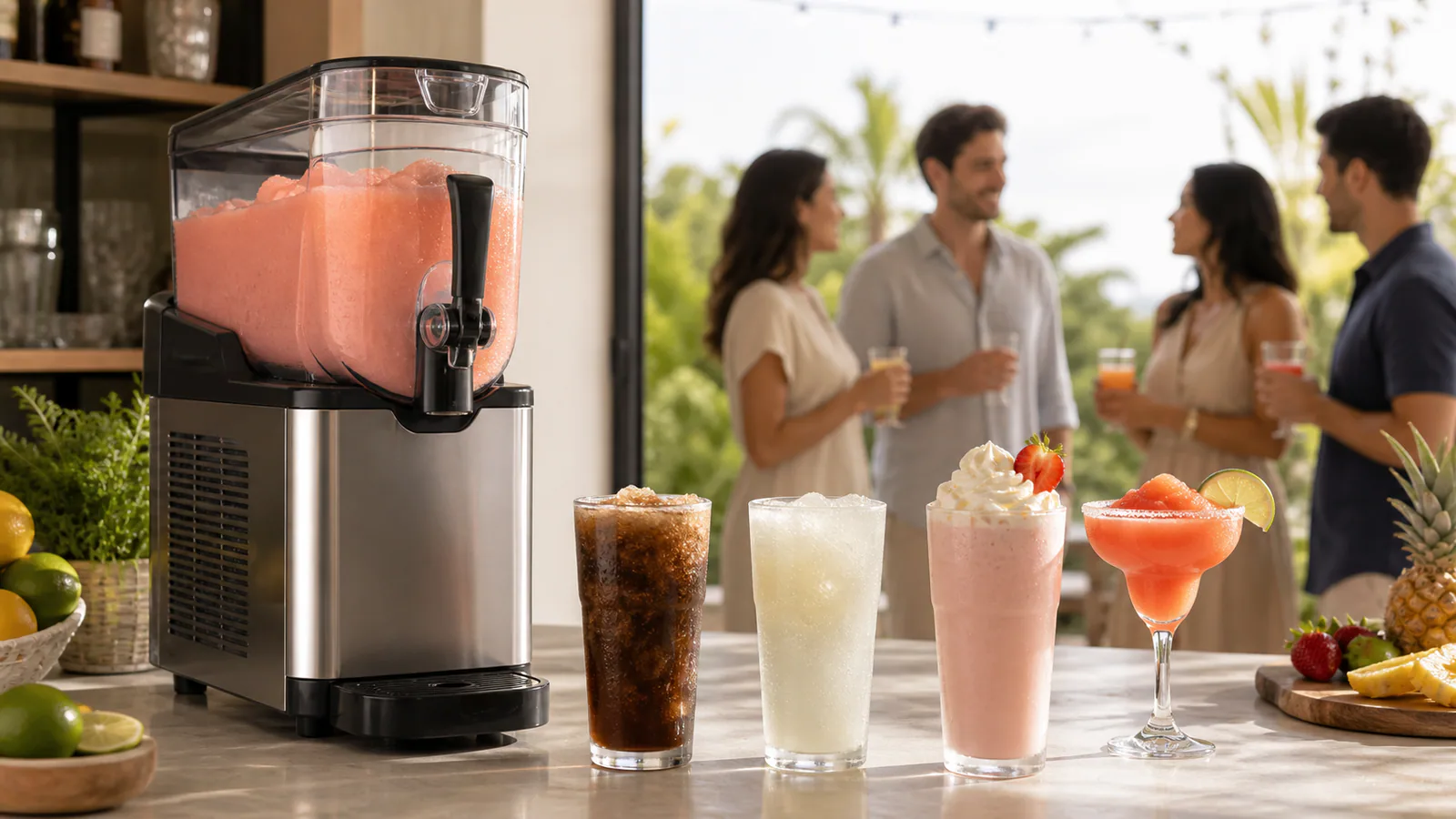 Home slush machine beside regular soda, a zero-sugar drink, milkshake and cocktail