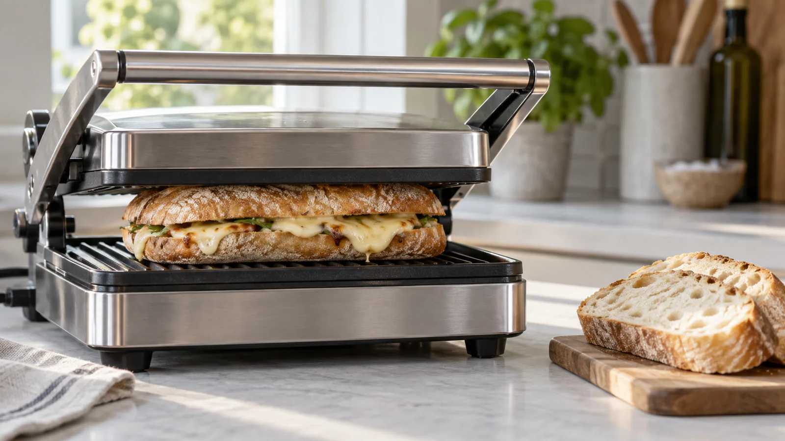 A sandwich press with a thick bread sandwich beside a board of sliced bread