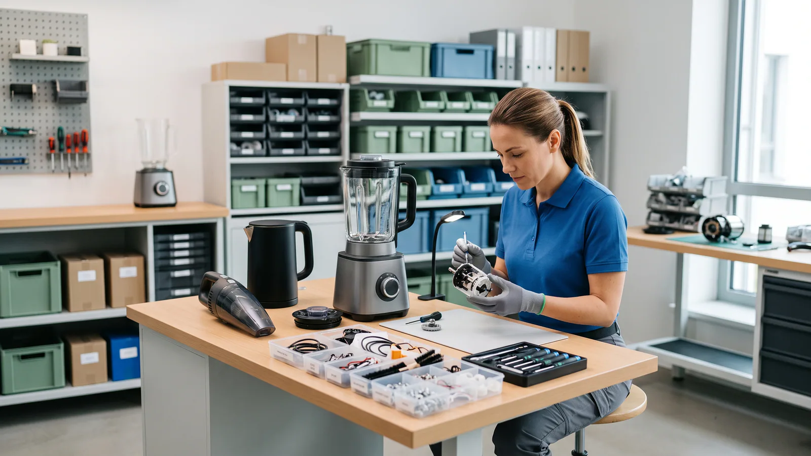 Small appliance support technician inspecting a product and replacement components