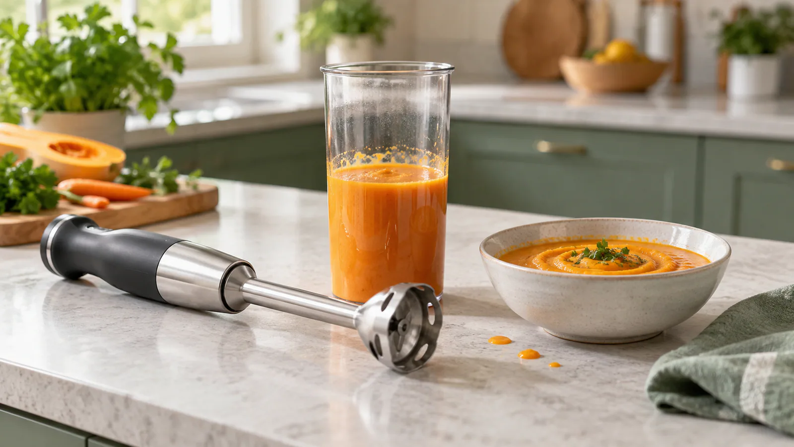 An immersion blender beside a tall beaker and a shallow bowl of vegetable puree