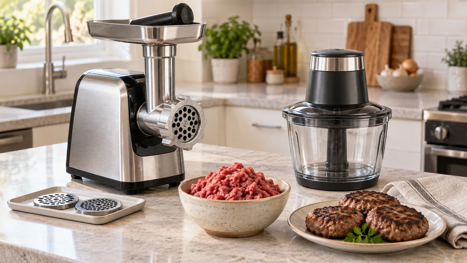 A meat grinder with spare plates beside a bowl food chopper