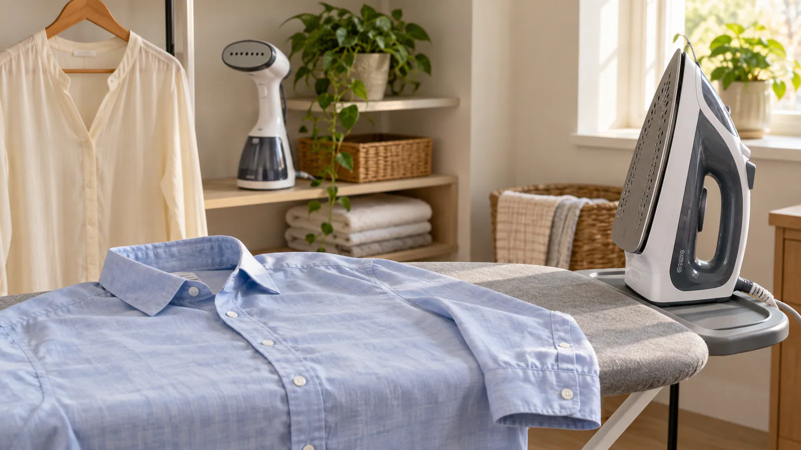 A cotton shirt on an ironing board beside an iron, with a handheld steamer nearby