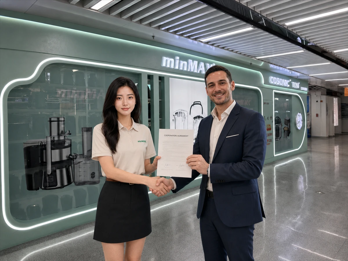 A minMAX team member shaking hands with an overseas partner over a cooperation agreement